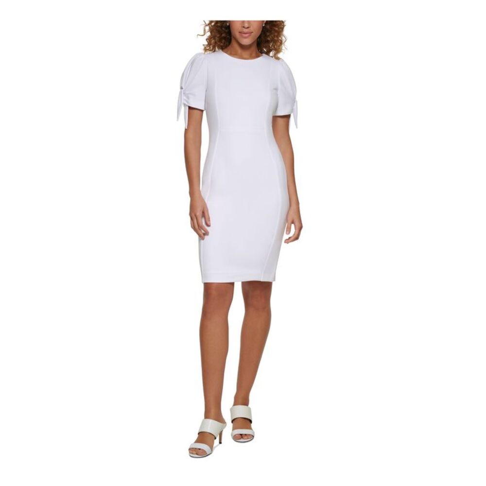 NWT CALVIN KLEIN Womens White Tie Short Sleeve Sheath Dress Petites 6P